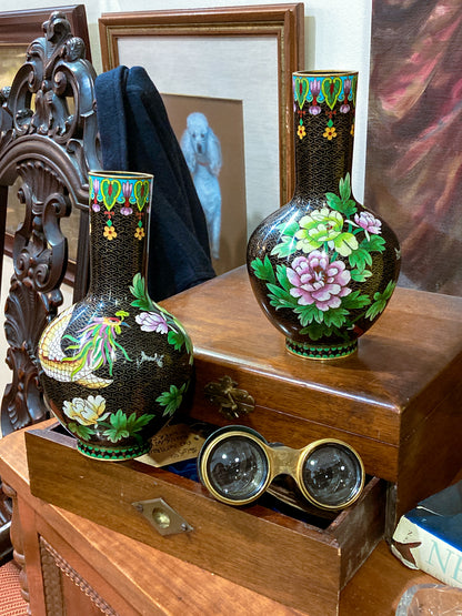 Vintage Pair Enameled Brass Black Floral Phoenix Chinese Cloisonné Vases