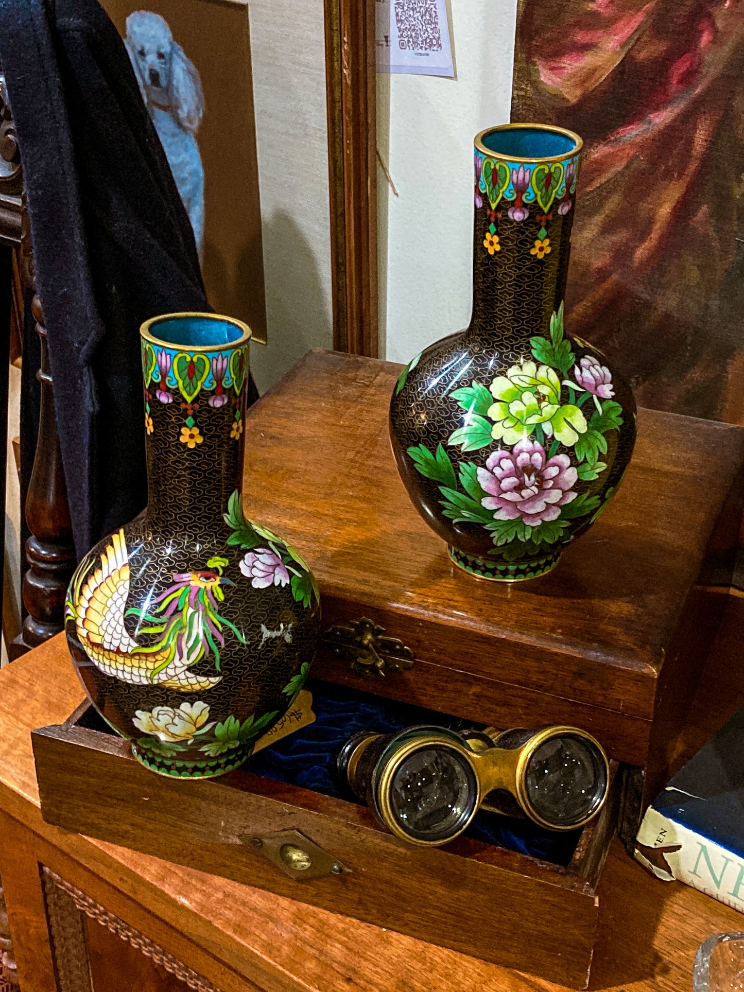 Vintage Pair Enameled Brass Black Floral Phoenix Chinese Cloisonné Vases