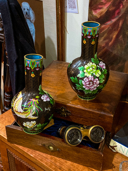 Vintage Pair Enameled Brass Black Floral Phoenix Chinese Cloisonné Vases