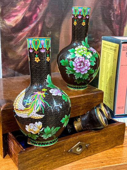 Vintage Pair Enameled Brass Black Floral Phoenix Chinese Cloisonné Vases