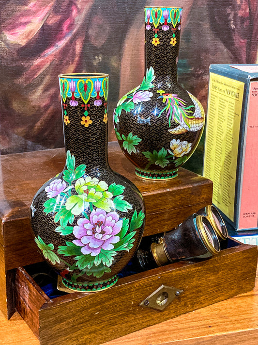 Vintage Pair Enameled Brass Black Floral Phoenix Chinese Cloisonné Vases