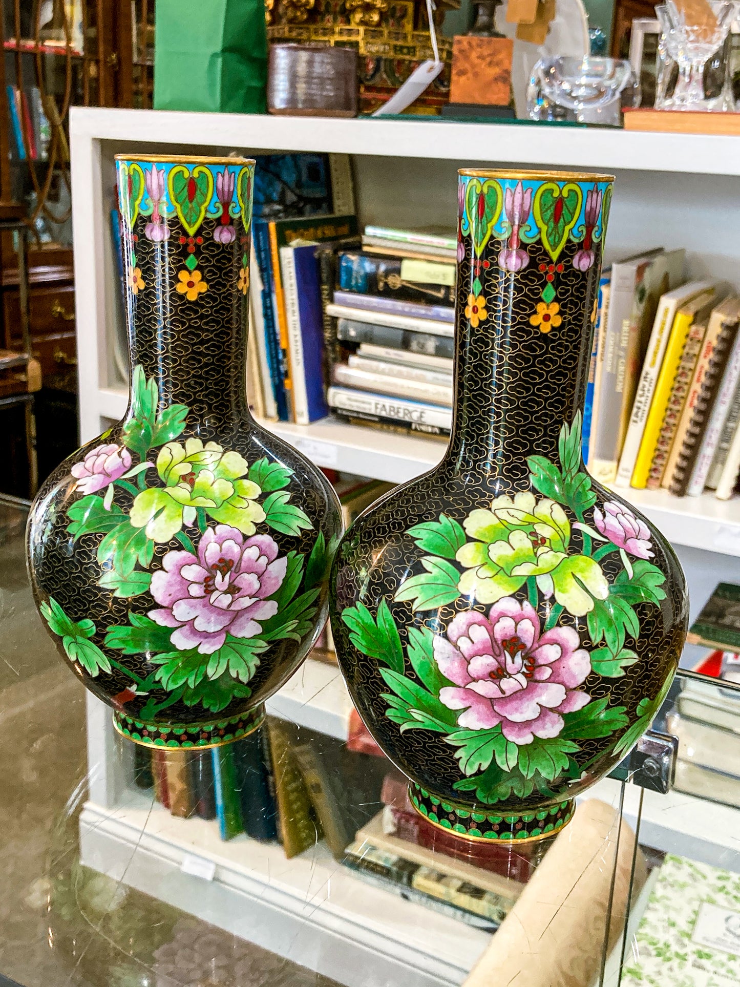 Vintage Pair Enameled Brass Black Floral Phoenix Chinese Cloisonné Vases