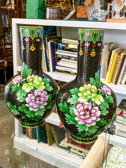 Vintage Pair Enameled Brass Black Floral Phoenix Chinese Cloisonné Vases
