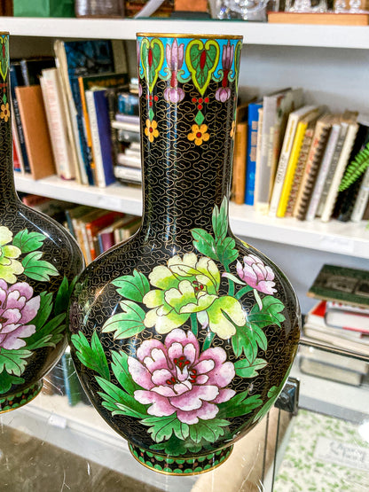 Vintage Pair Enameled Brass Black Floral Phoenix Chinese Cloisonné Vases