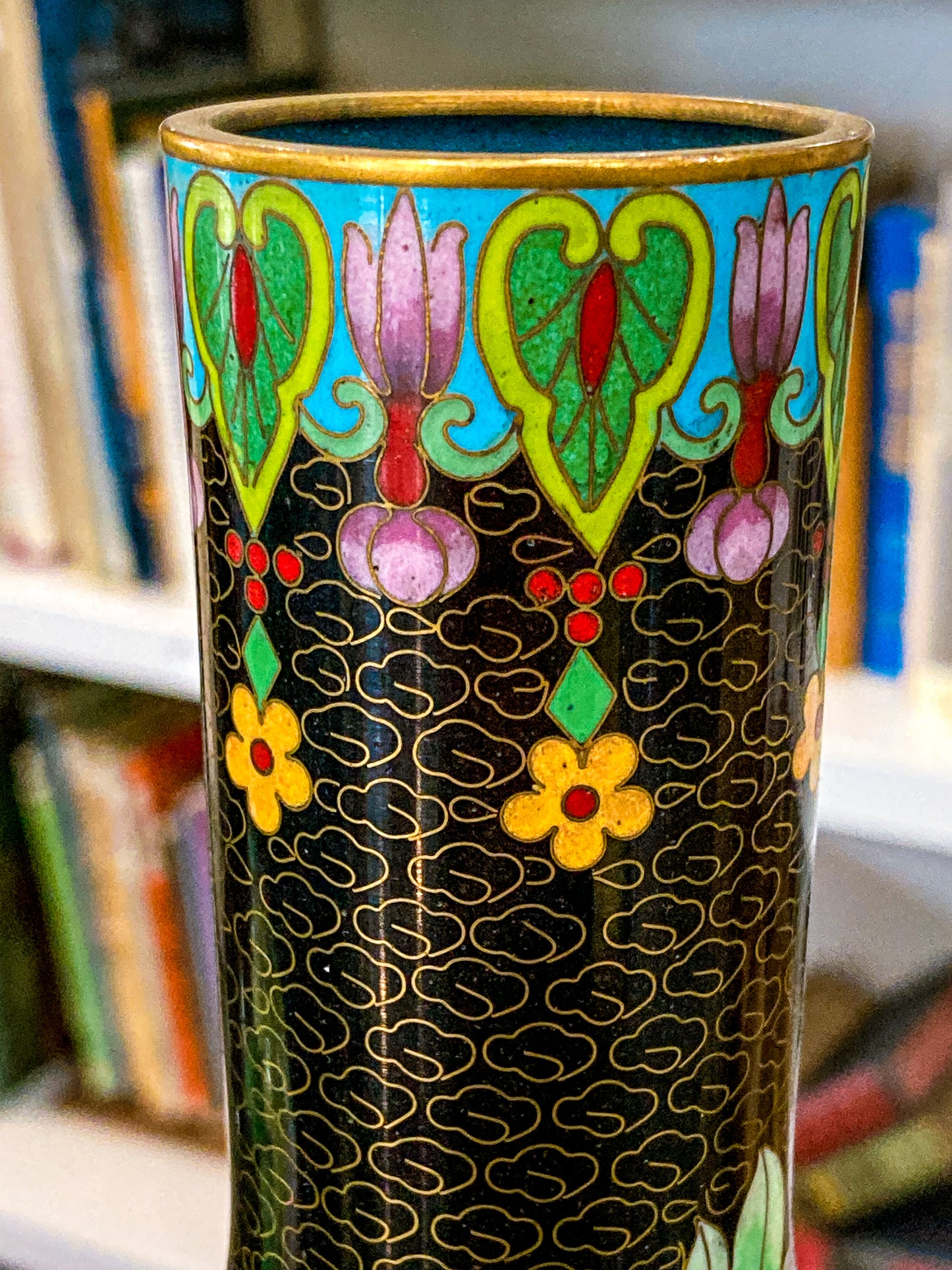 Vintage Pair Enameled Brass Black Floral Phoenix Chinese Cloisonné Vases