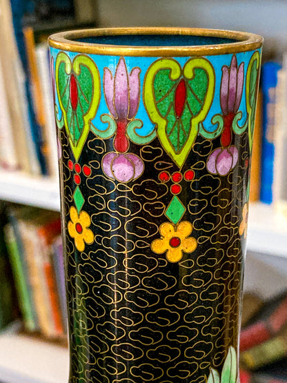 Vintage Pair Enameled Brass Black Floral Phoenix Chinese Cloisonné Vases