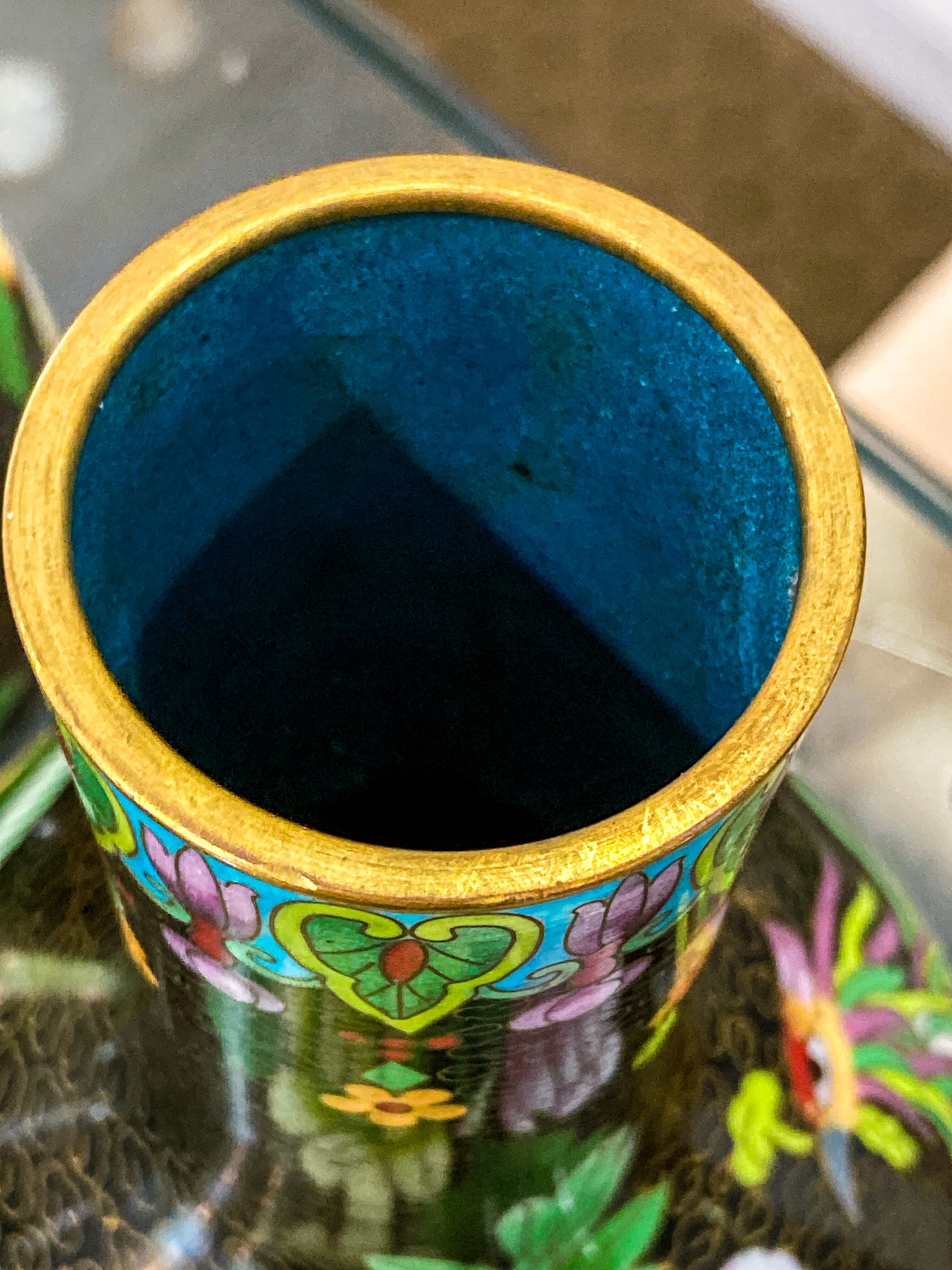 Vintage Pair Enameled Brass Black Floral Phoenix Chinese Cloisonné Vases