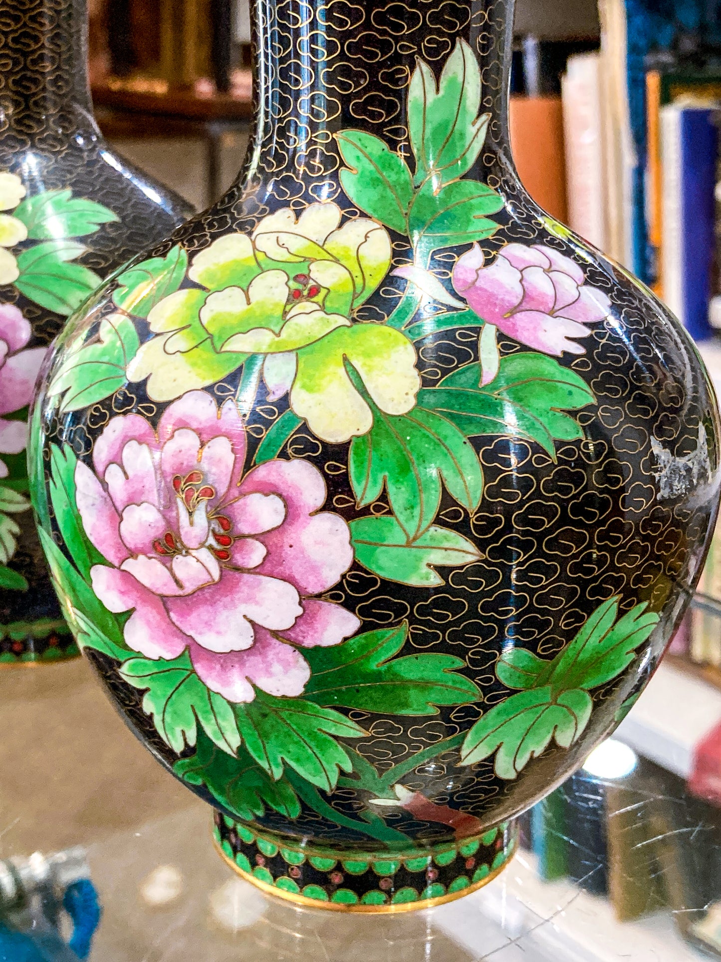 Vintage Pair Enameled Brass Black Floral Phoenix Chinese Cloisonné Vases
