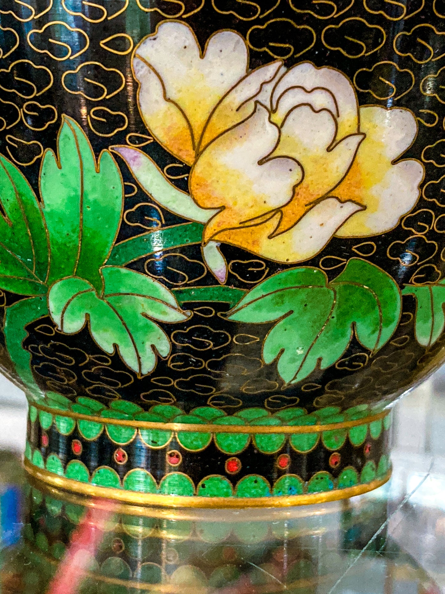 Vintage Pair Enameled Brass Black Floral Phoenix Chinese Cloisonné Vases