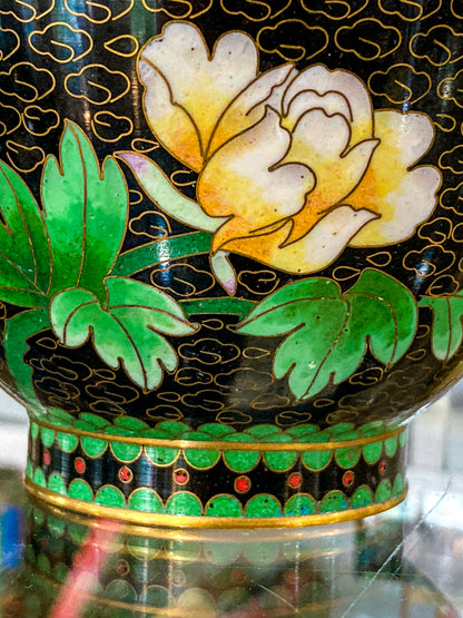 Vintage Pair Enameled Brass Black Floral Phoenix Chinese Cloisonné Vases