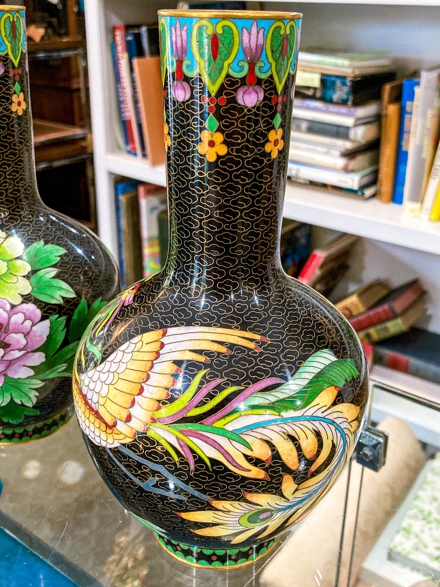 Vintage Pair Enameled Brass Black Floral Phoenix Chinese Cloisonné Vases
