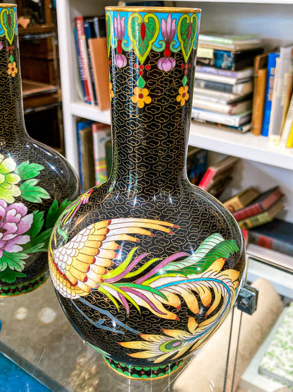 Vintage Pair Enameled Brass Black Floral Phoenix Chinese Cloisonné Vases