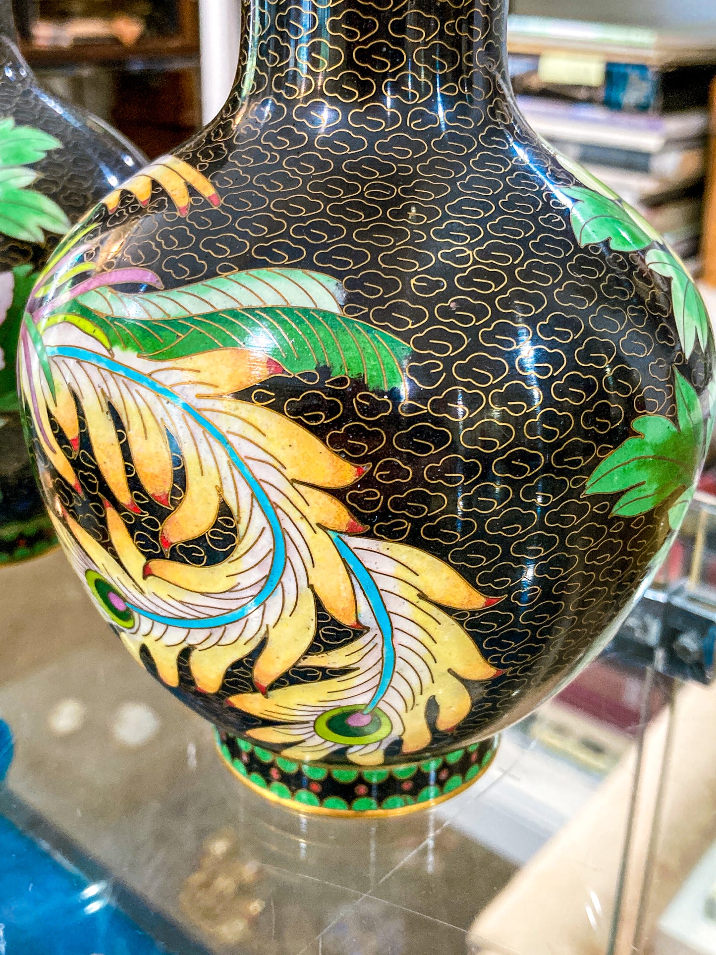 Vintage Pair Enameled Brass Black Floral Phoenix Chinese Cloisonné Vases