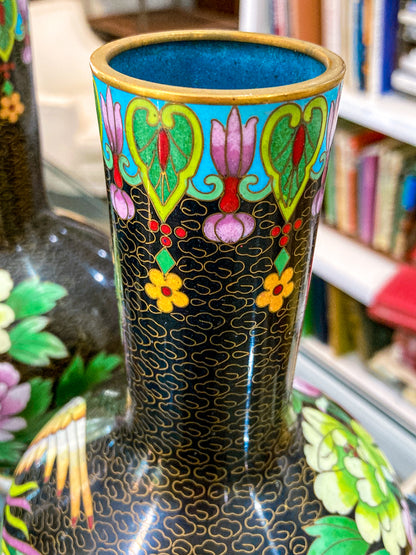Vintage Pair Enameled Brass Black Floral Phoenix Chinese Cloisonné Vases