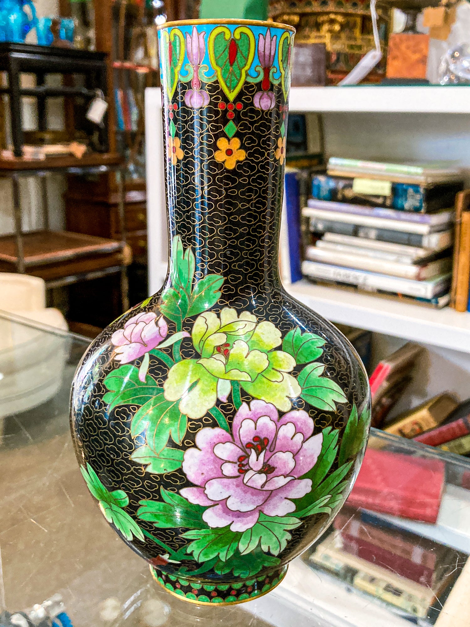Vintage Pair Enameled Brass Black Floral Phoenix Chinese Cloisonné Vases