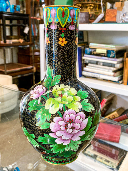 Vintage Pair Enameled Brass Black Floral Phoenix Chinese Cloisonné Vases