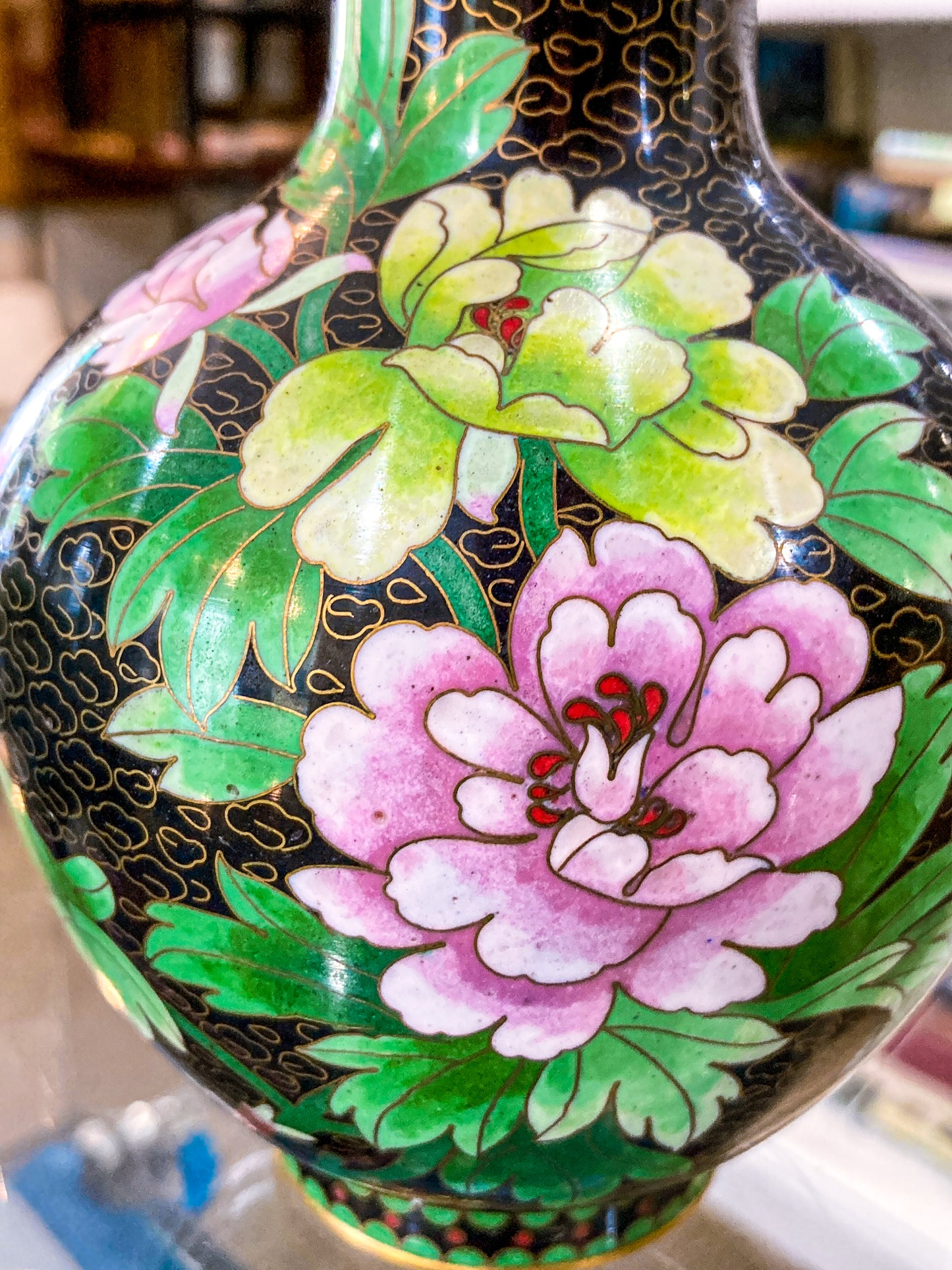Vintage Pair Enameled Brass Black Floral Phoenix Chinese Cloisonné Vases