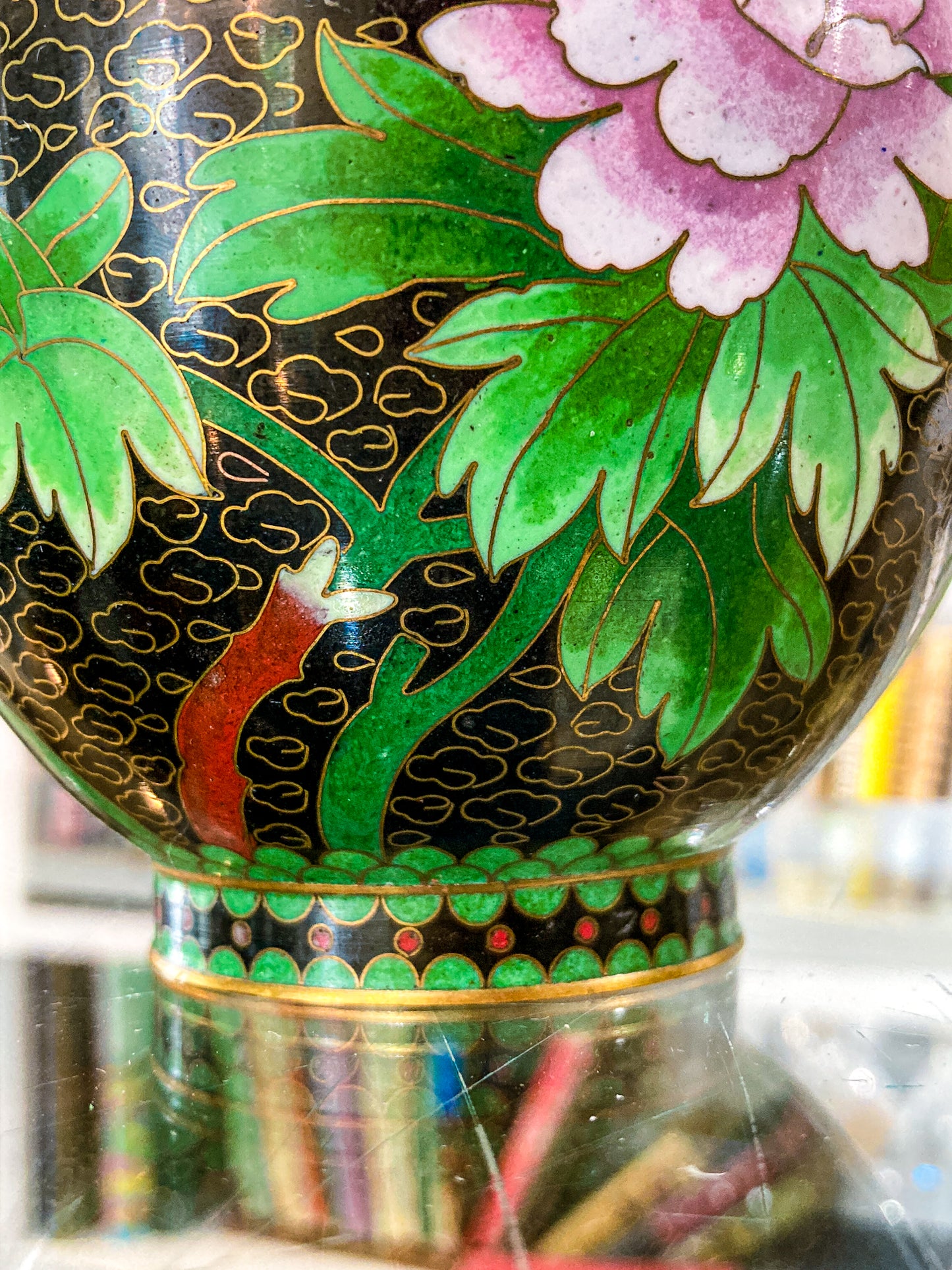 Vintage Pair Enameled Brass Black Floral Phoenix Chinese Cloisonné Vases