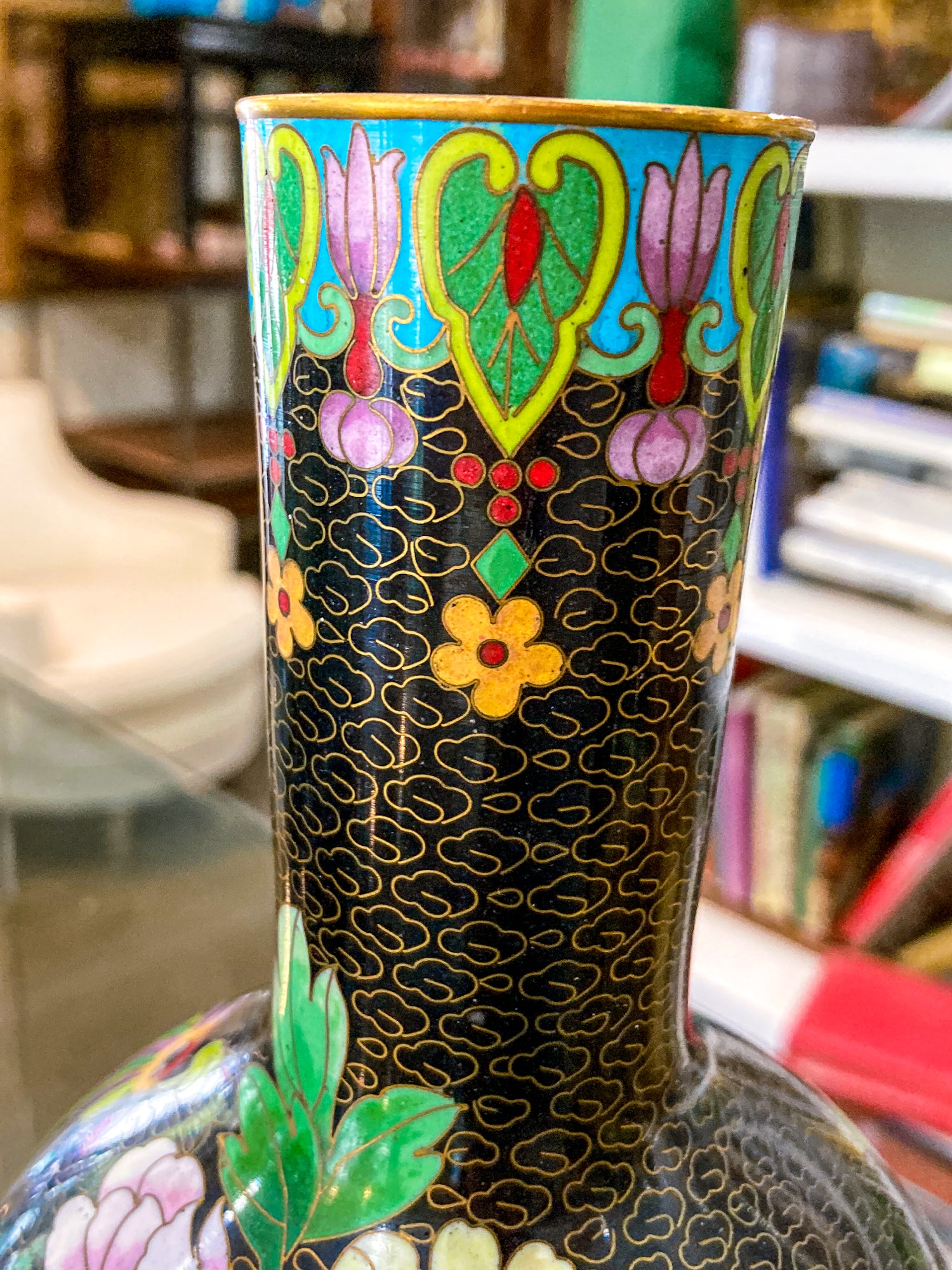 Vintage Pair Enameled Brass Black Floral Phoenix Chinese Cloisonné Vases