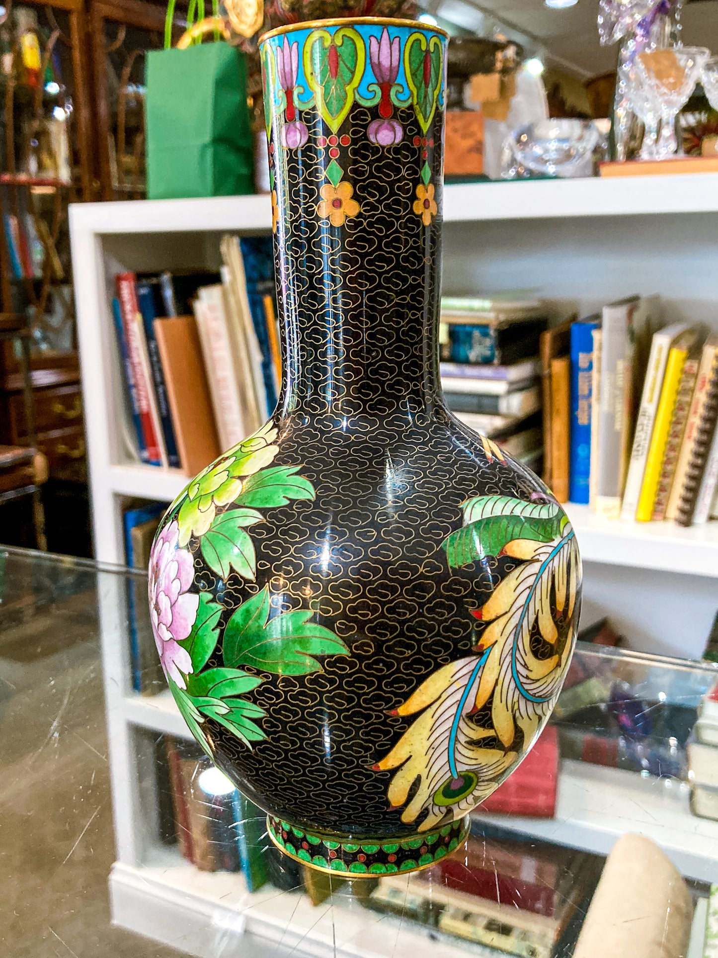 Vintage Pair Enameled Brass Black Floral Phoenix Chinese Cloisonné Vases