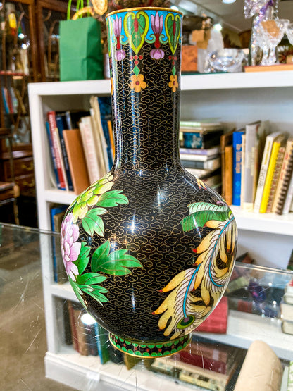 Vintage Pair Enameled Brass Black Floral Phoenix Chinese Cloisonné Vases