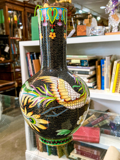 Vintage Pair Enameled Brass Black Floral Phoenix Chinese Cloisonné Vases
