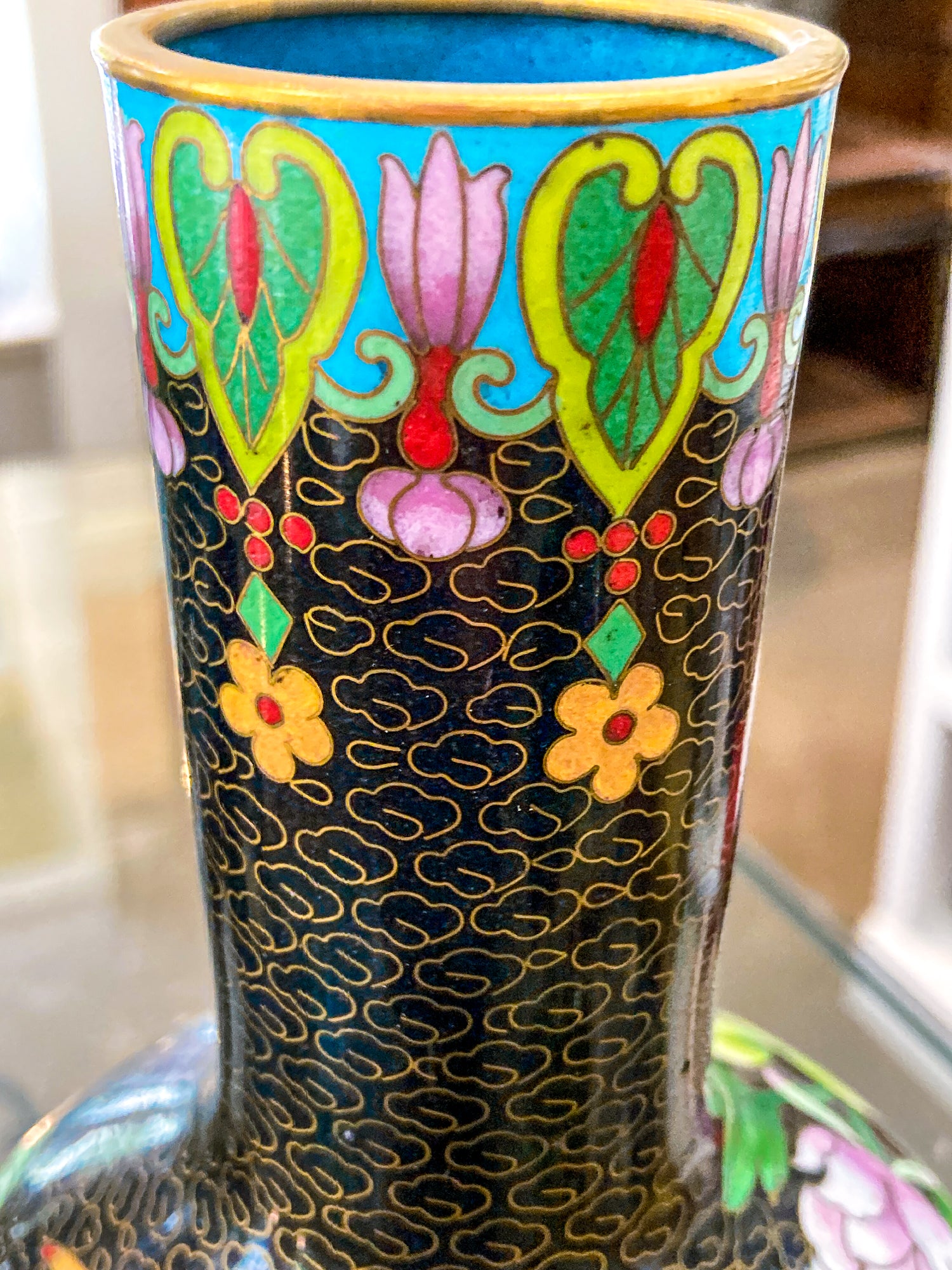 Vintage Pair Enameled Brass Black Floral Phoenix Chinese Cloisonné Vases