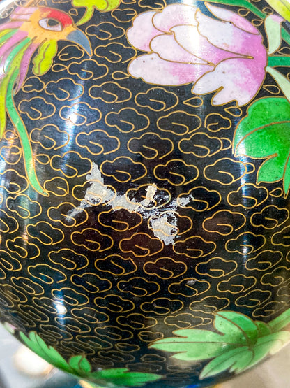 Vintage Pair Enameled Brass Black Floral Phoenix Chinese Cloisonné Vases