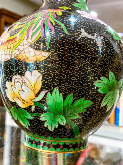 Vintage Pair Enameled Brass Black Floral Phoenix Chinese Cloisonné Vases