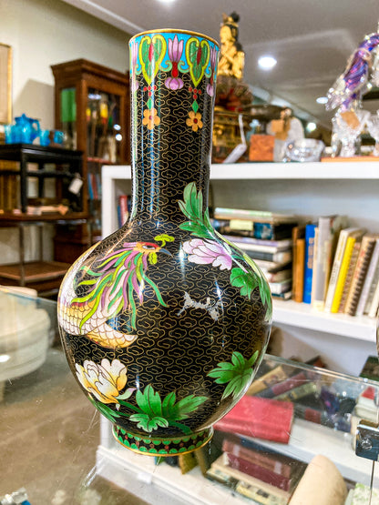 Vintage Pair Enameled Brass Black Floral Phoenix Chinese Cloisonné Vases