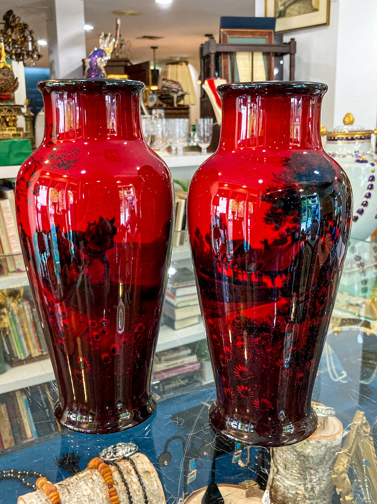 Pair Vintage Royal Doulton Flambe Scenic Red Black Glazed Ceramic Vases