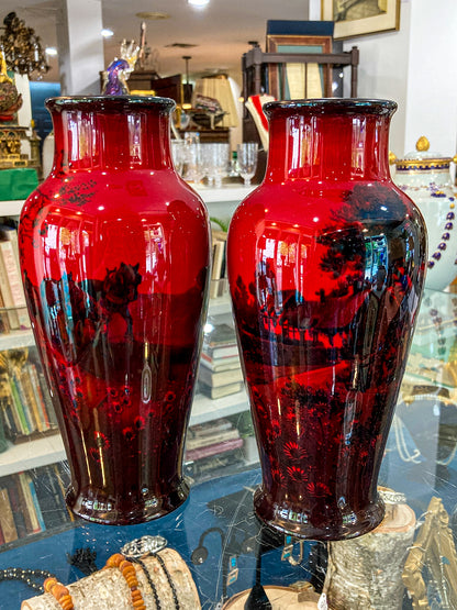 Pair Vintage Royal Doulton Flambe Scenic Red Black Glazed Ceramic Vases