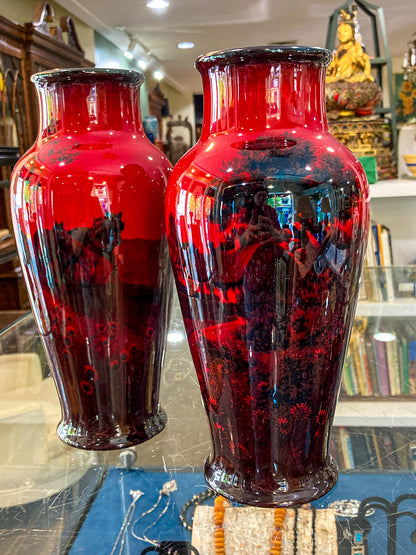 Pair Vintage Royal Doulton Flambe Scenic Red Black Glazed Ceramic Vases