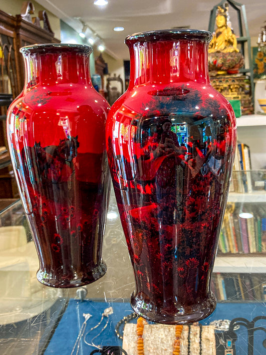 Pair Vintage Royal Doulton Flambe Scenic Red Black Glazed Ceramic Vases