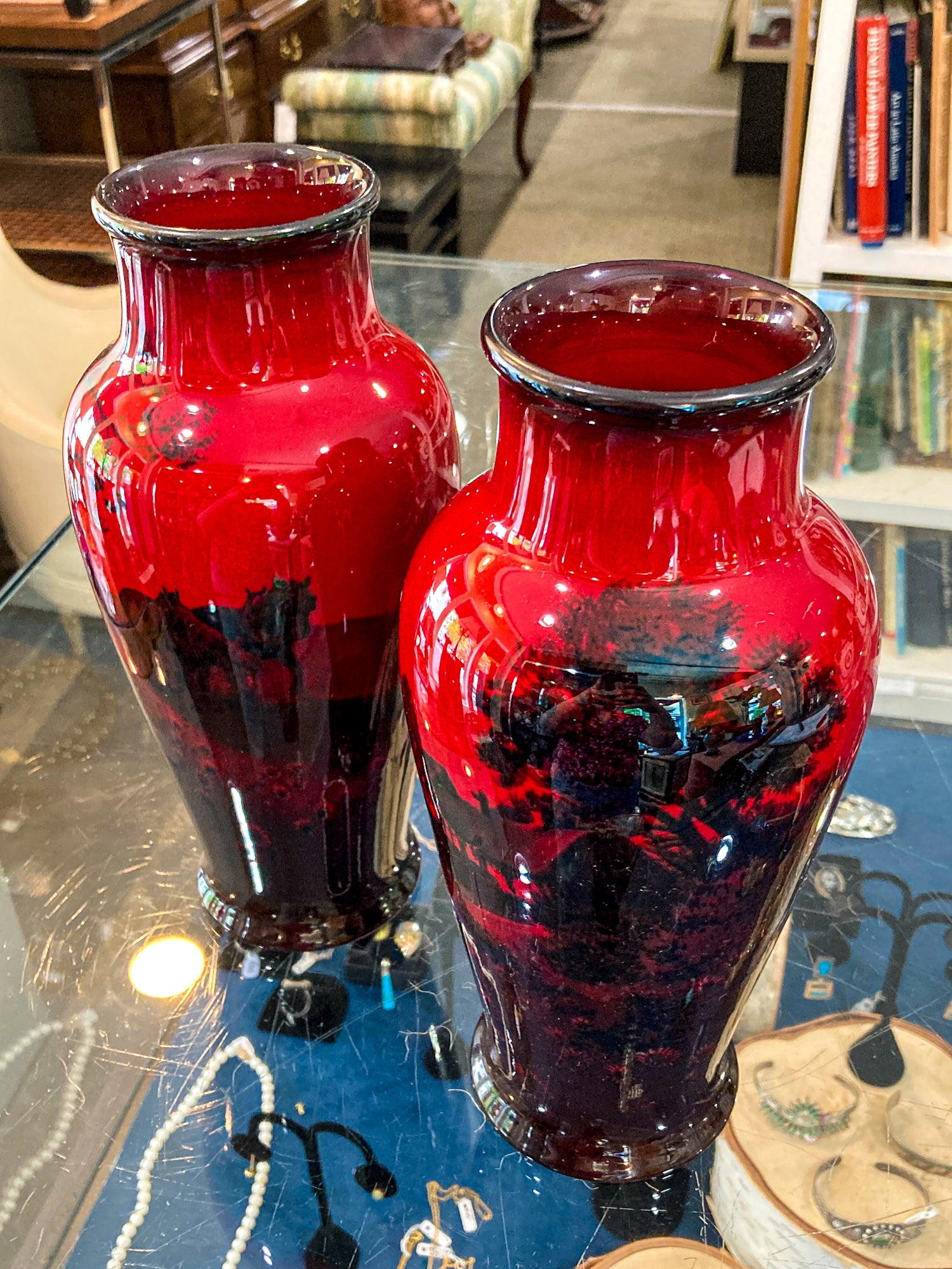 Pair Vintage Royal Doulton Flambe Scenic Red Black Glazed Ceramic Vases
