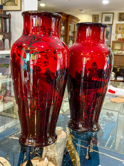 Pair Vintage Royal Doulton Flambe Scenic Red Black Glazed Ceramic Vases