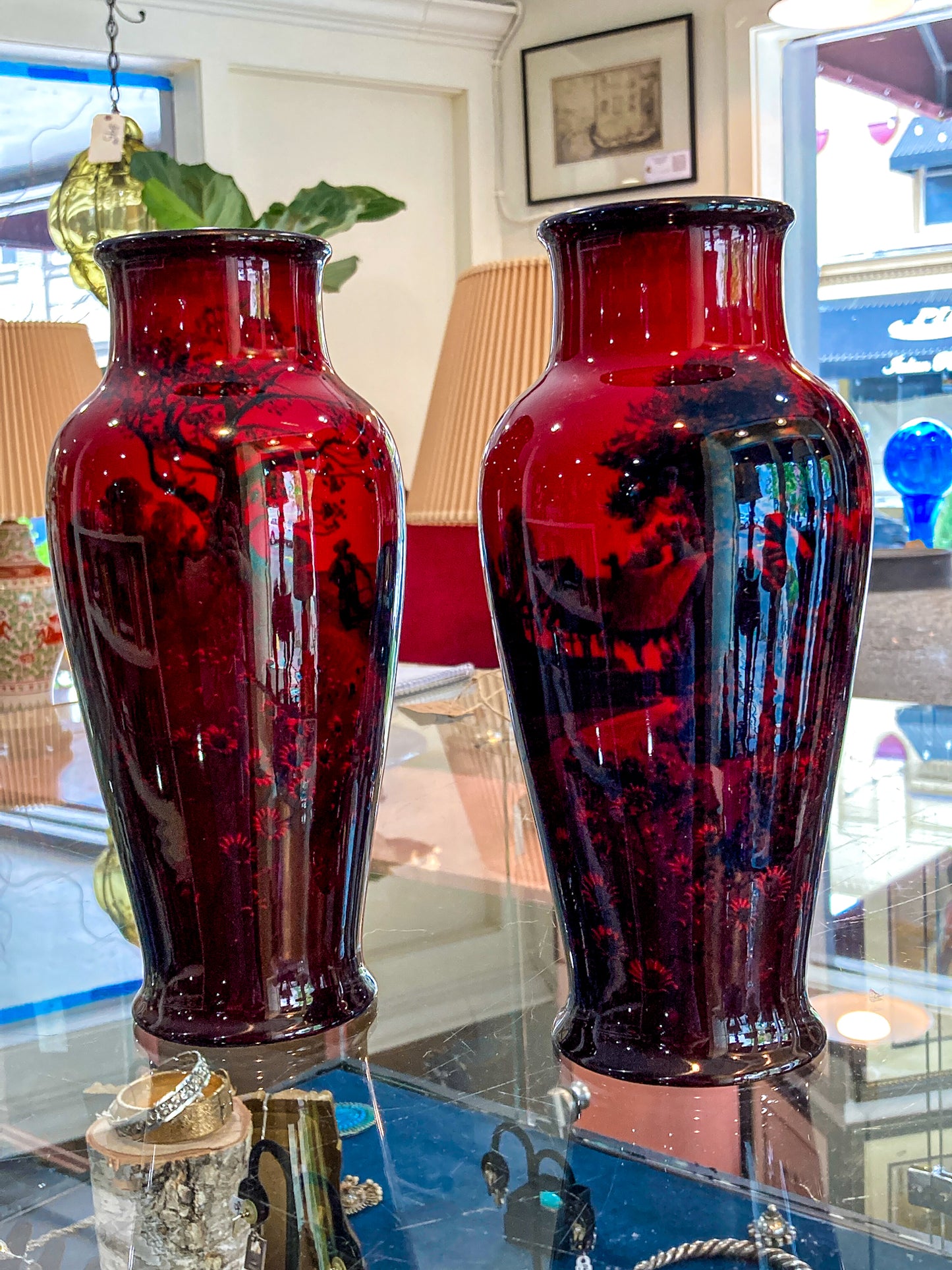 Pair Vintage Royal Doulton Flambe Scenic Red Black Glazed Ceramic Vases