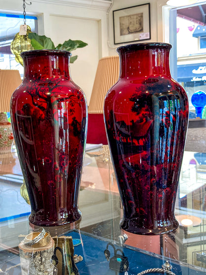 Pair Vintage Royal Doulton Flambe Scenic Red Black Glazed Ceramic Vases