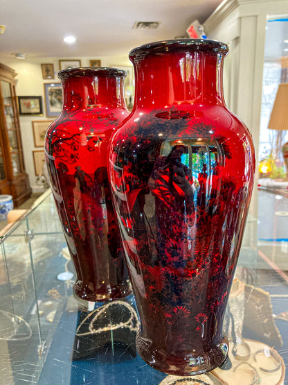 Pair Vintage Royal Doulton Flambe Scenic Red Black Glazed Ceramic Vases