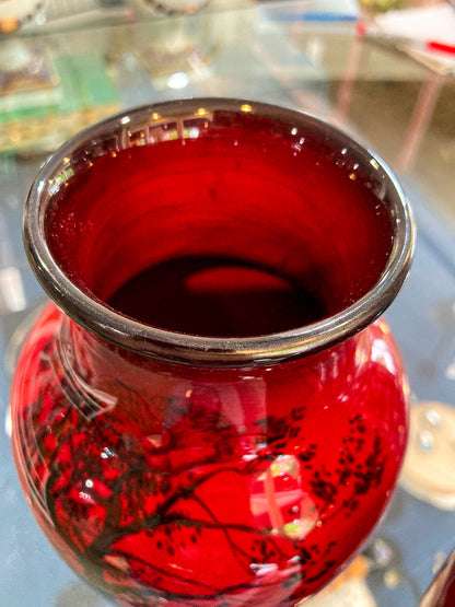 Pair Vintage Royal Doulton Flambe Scenic Red Black Glazed Ceramic Vases