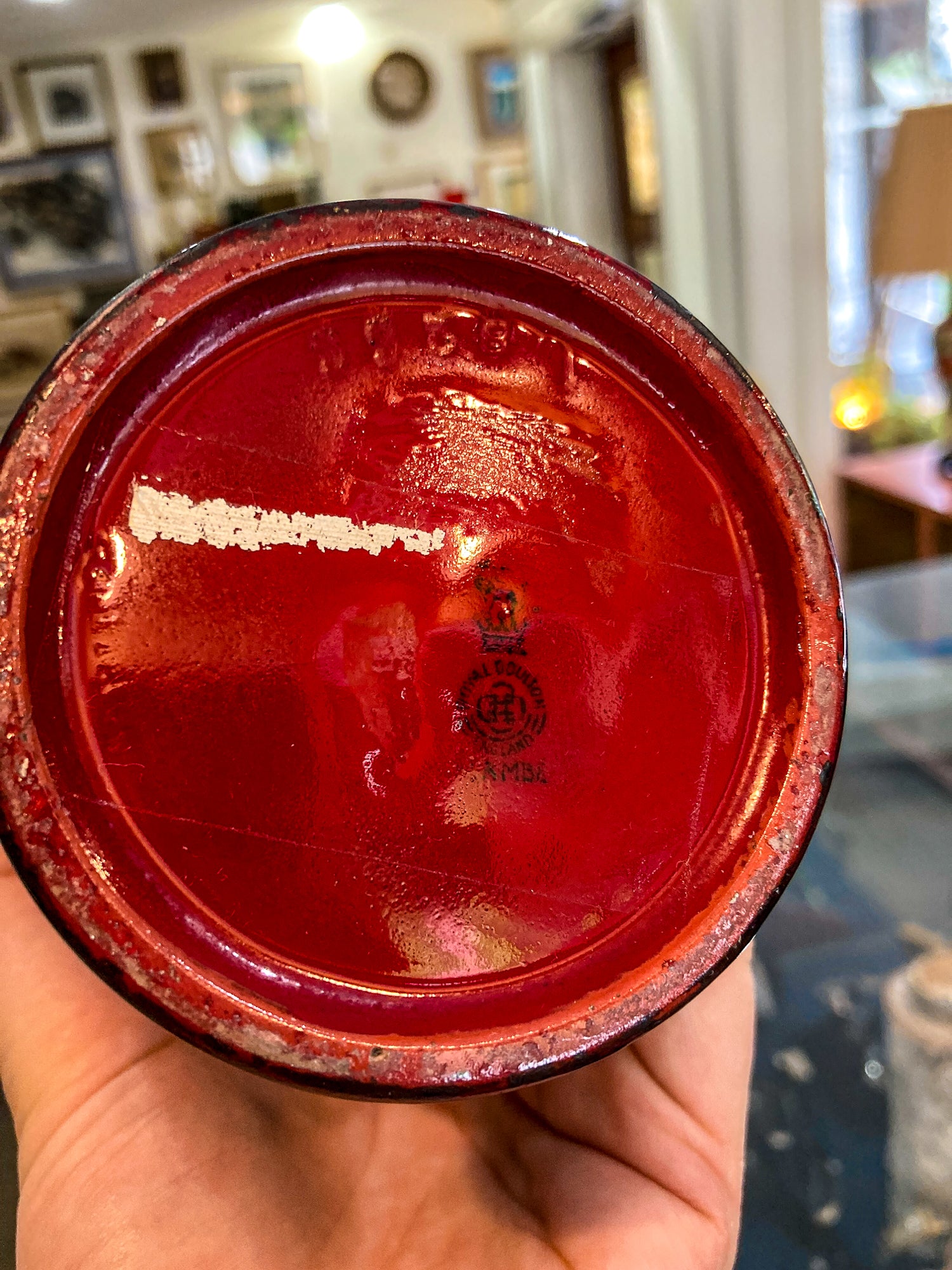 Pair Vintage Royal Doulton Flambe Scenic Red Black Glazed Ceramic Vases