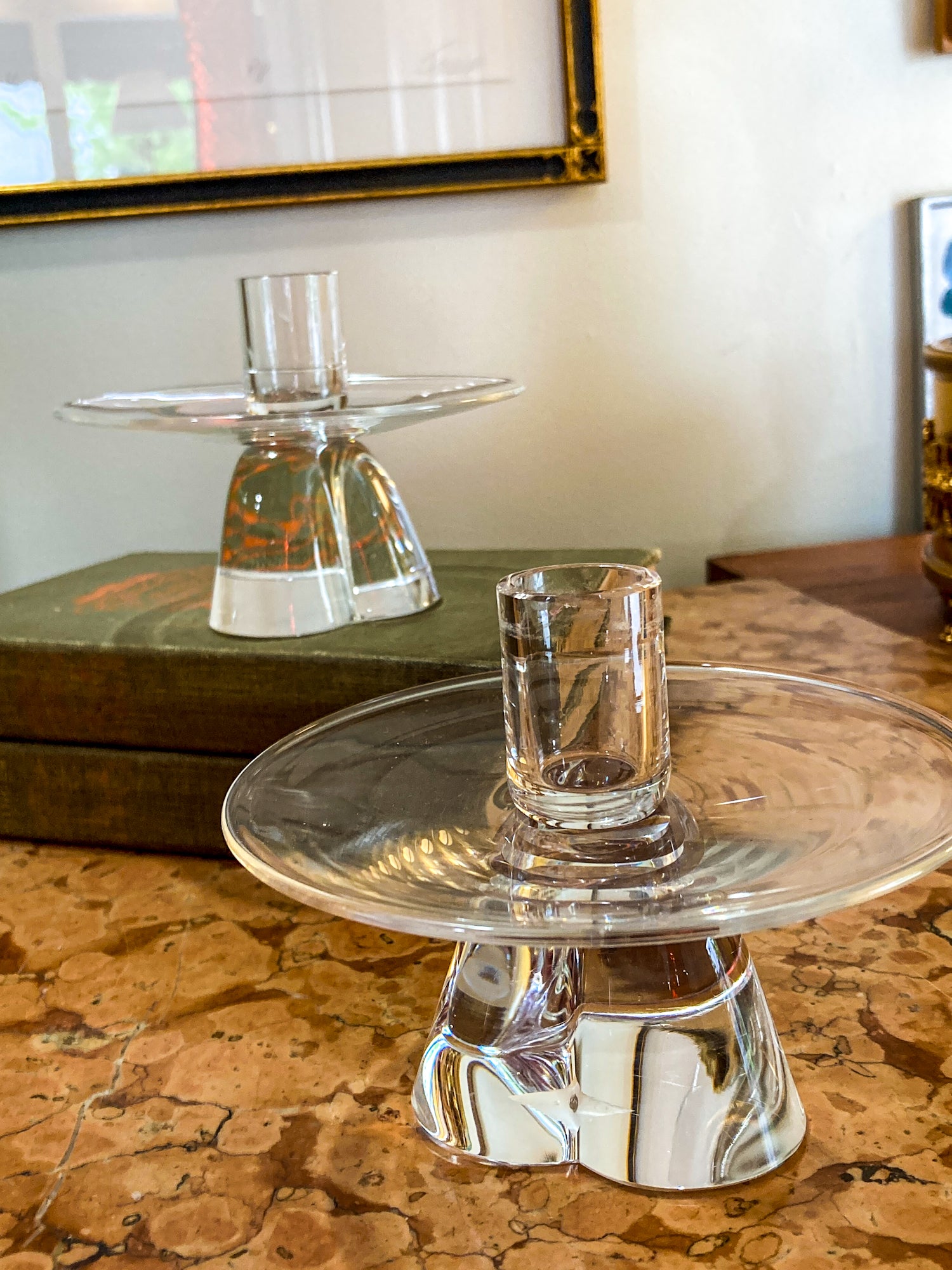 Vintage Pair Steuben MCM Clear Crystal Short Footed Candlesticks