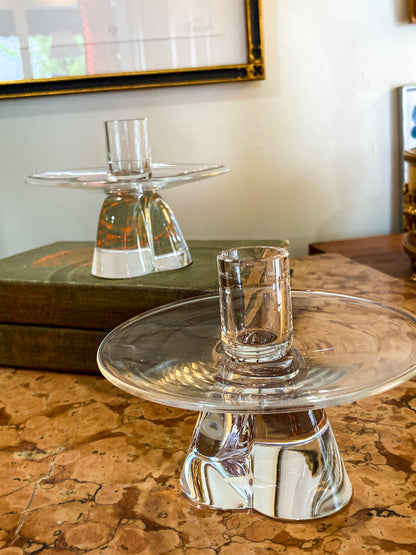 Vintage Pair Steuben MCM Clear Crystal Short Footed Candlesticks