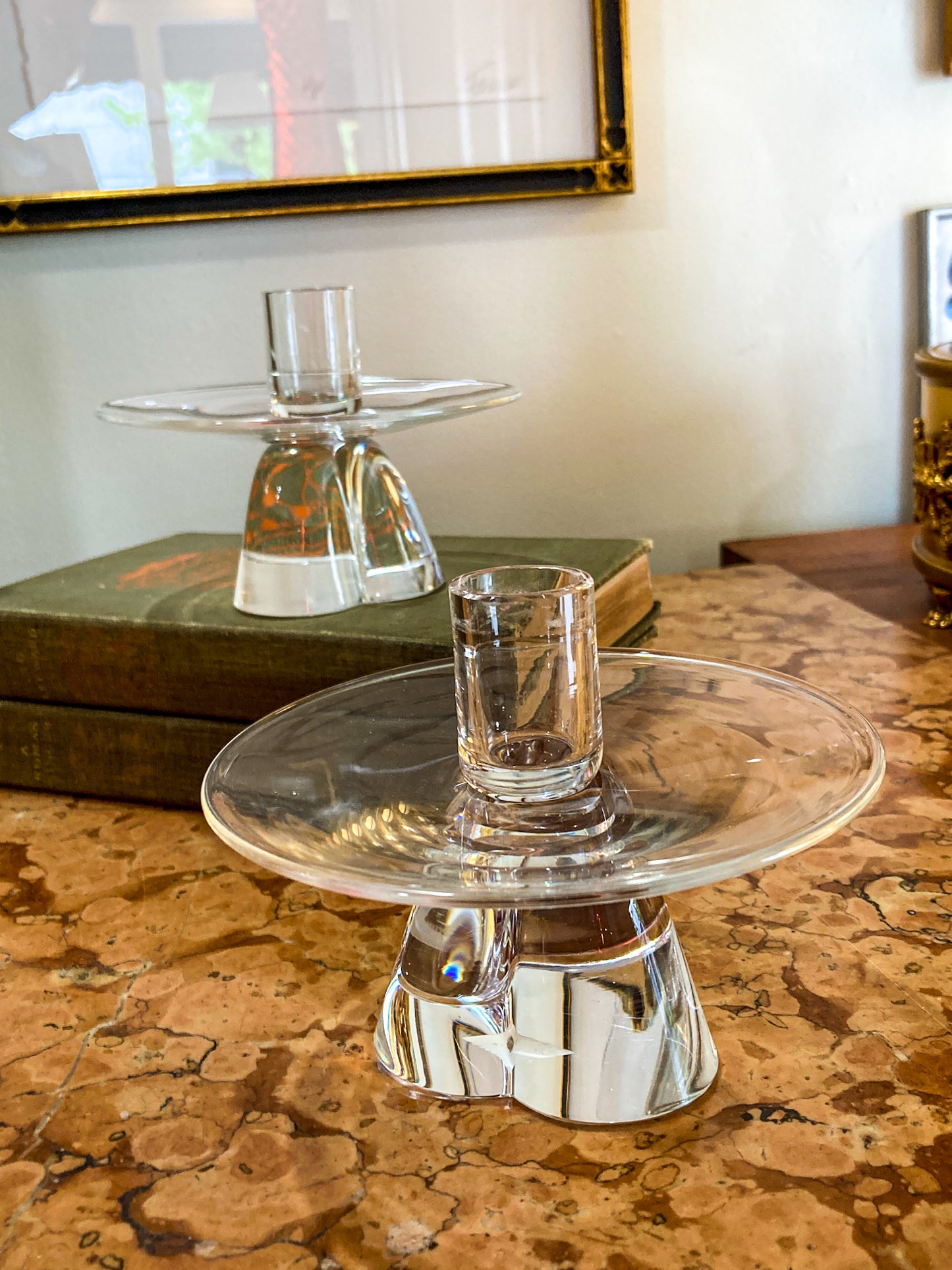 Vintage Pair Steuben MCM Clear Crystal Short Footed Candlesticks