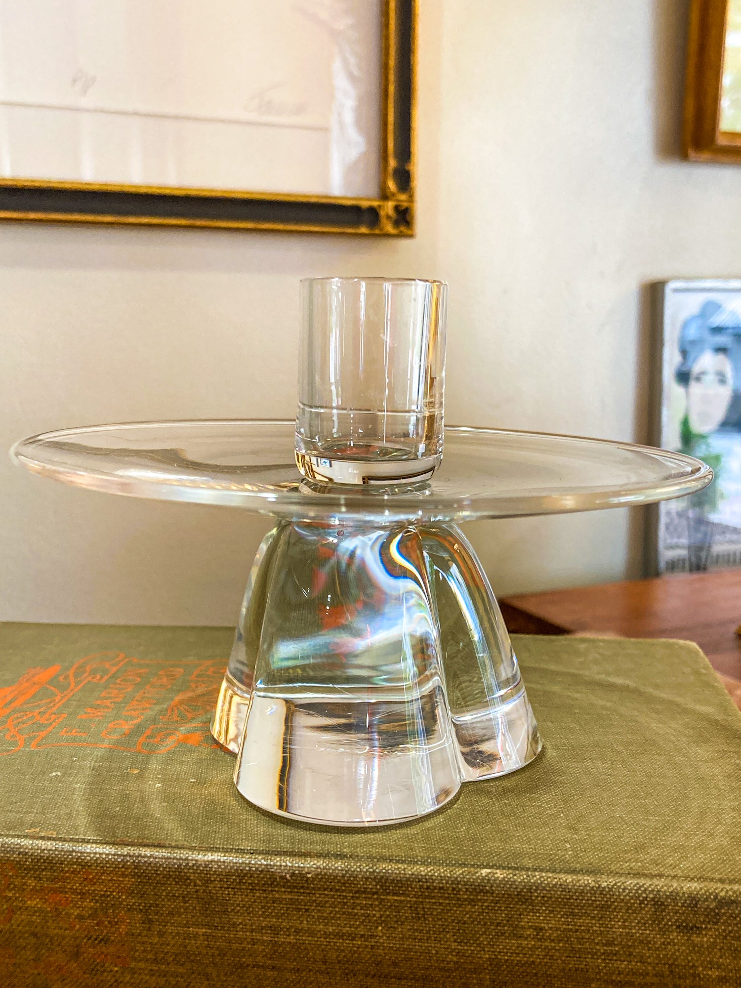 Vintage Pair Steuben MCM Clear Crystal Short Footed Candlesticks