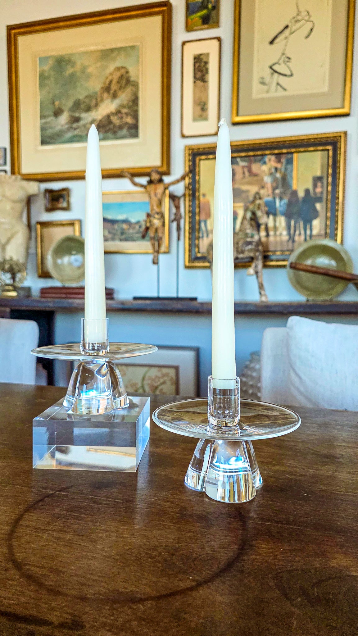 Vintage Pair Steuben MCM Clear Crystal Short Footed Candlesticks