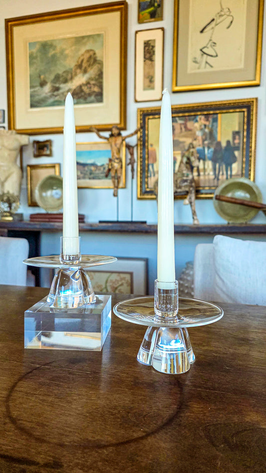 Vintage Pair Steuben MCM Clear Crystal Short Footed Candlesticks
