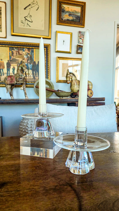 Vintage Pair Steuben MCM Clear Crystal Short Footed Candlesticks