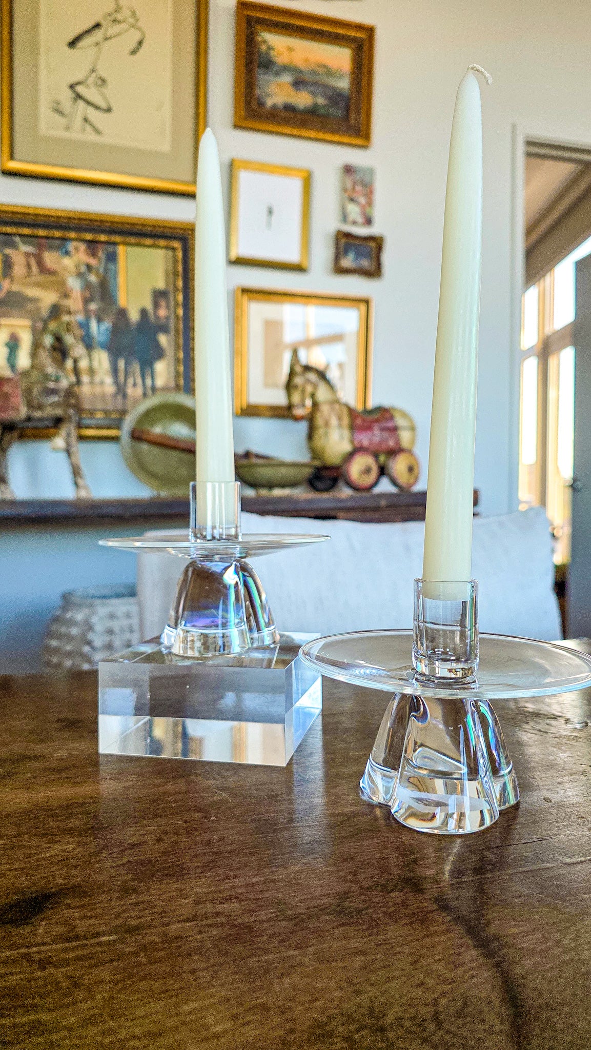 Vintage Pair Steuben MCM Clear Crystal Short Footed Candlesticks