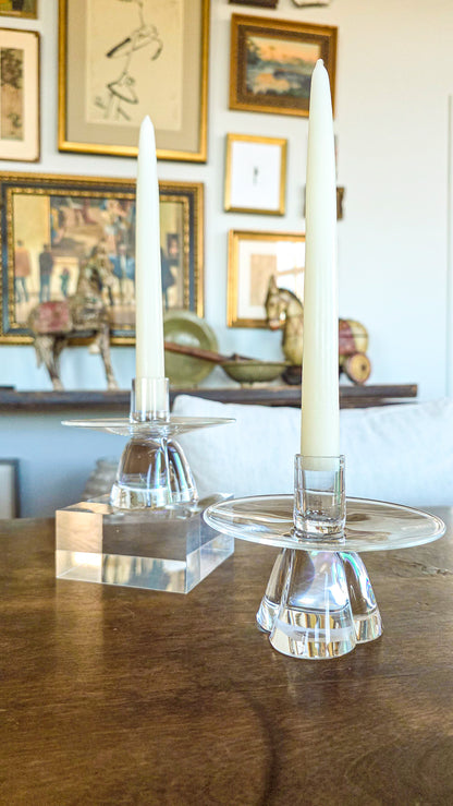 Vintage Pair Steuben MCM Clear Crystal Short Footed Candlesticks